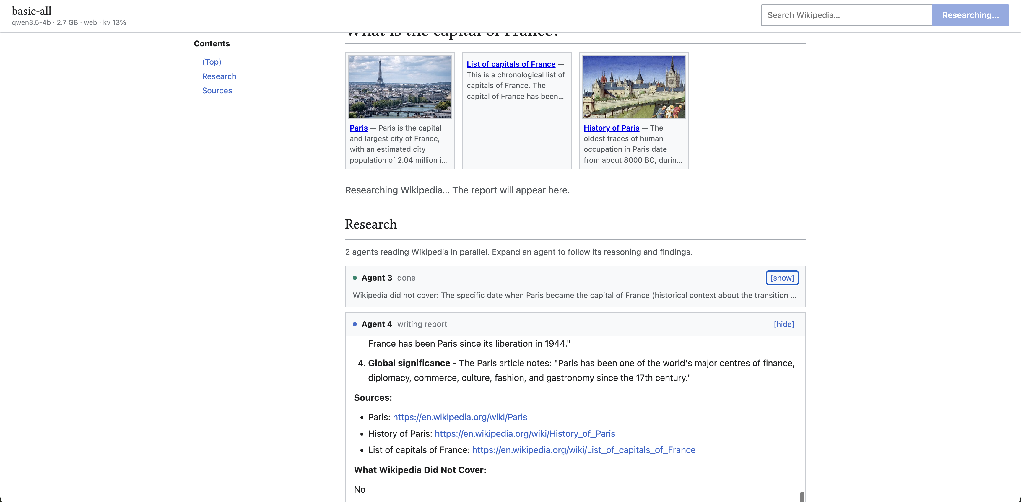 Screenshot of the scaffolded research harness running in a browser. Its header reads basic-all, qwen3.5-4b · 2.7 GB · web · kv 13%. Below, a Research section says two agents are reading Wikipedia in parallel: Agent 3 is done and Agent 4 is writing a report, with sources listed.